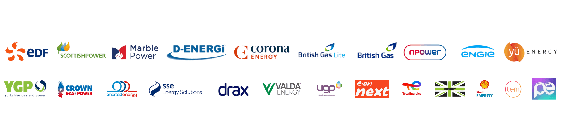 Our energy supplier network including EDF, ScottishPower, British Gas, Drax, SSE, Shell Energy and more